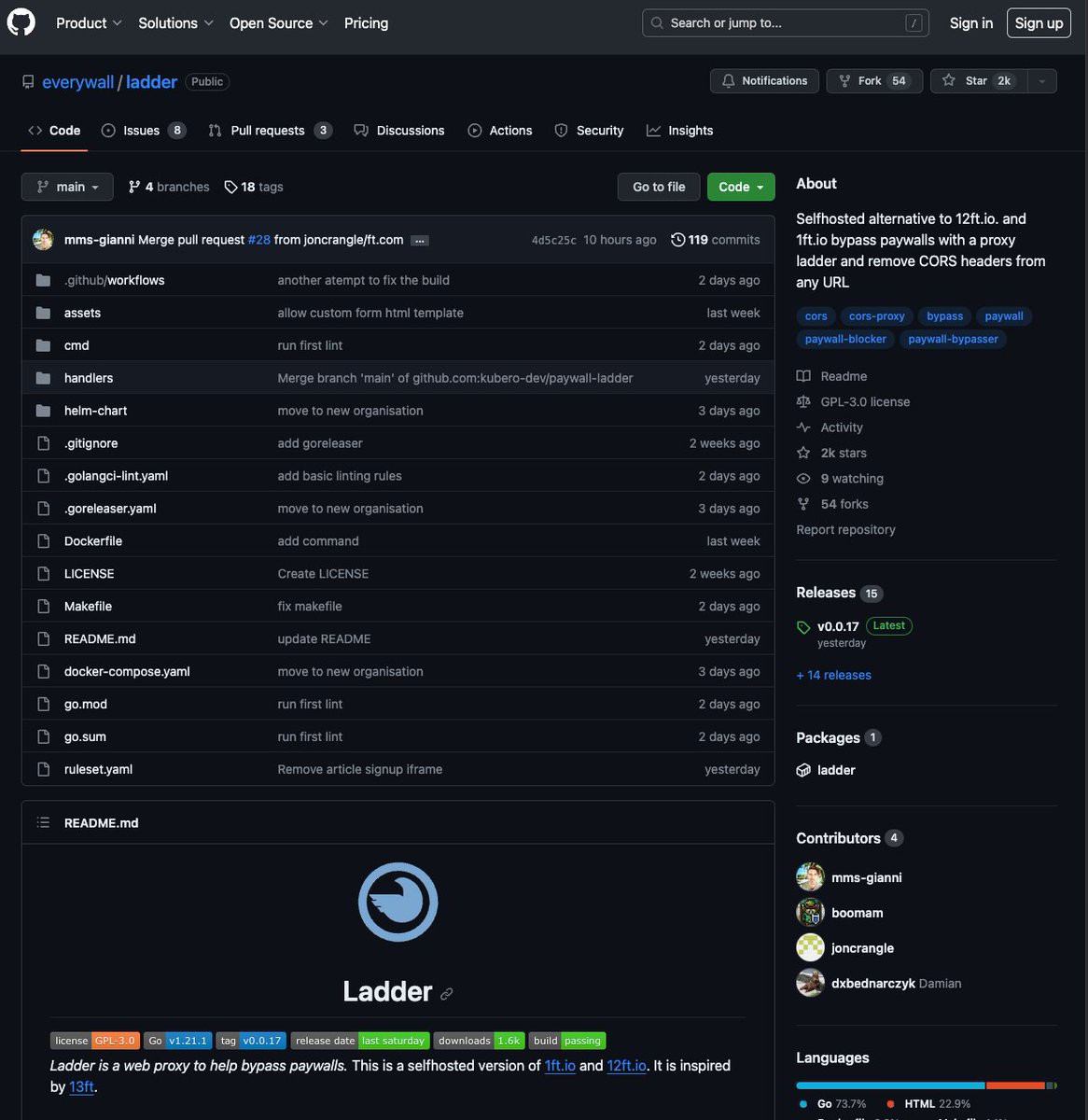 Bitturing's tweet photo. Ladder：绕过付费墙工具 

彭博社新闻，金融时报、金融时报、纽约格拉布街新闻网、哈佛商业评论、Quora、华尔街日报、华盛顿邮报等

Github 2k 星

https://t.co/tNqU7CgxXF

解锁免费阅读各种付费内容（新闻杂志等等） https://t.co/1QoNeQ4uyq