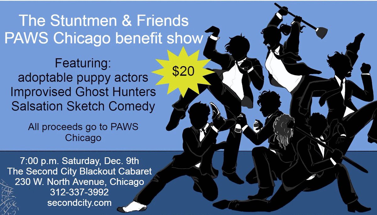The_Stuntmen's tweet photo. Charity show for #PAWSChicago! Come join us performing with #Salsation #ImprovisedGhosthunters at #SecondCity's Blackout Cabaret: https://t.co/IFEfXhZHTf https://t.co/65yGlcWtaq