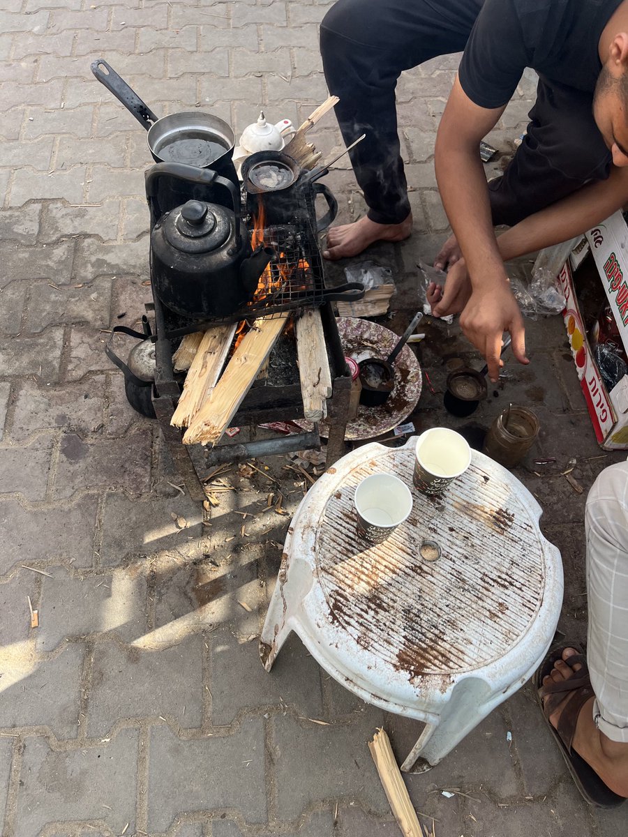 No gas for cooking or making coffee, but still, our mood needs to be good, so we want coffee, surrender? No. Gazan people make coffee using fire woods. 
We always find life through suffer. 
We love life.