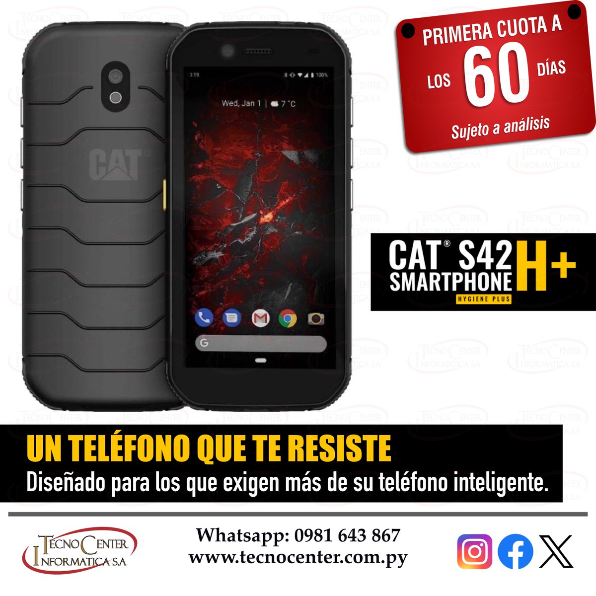 TecnoCenter_Py's tweet photo. Un Smartphone resistente a todo. Caterpillar S42 H+ Dual. Adquirilo en cuotas a de Gs. 162.000. Whatsapp Directo 📲 0981643867.

#Smartphone #CAT #Caterpillar #CatPhones #TecnocenterPy https://t.co/si40qWEKH0