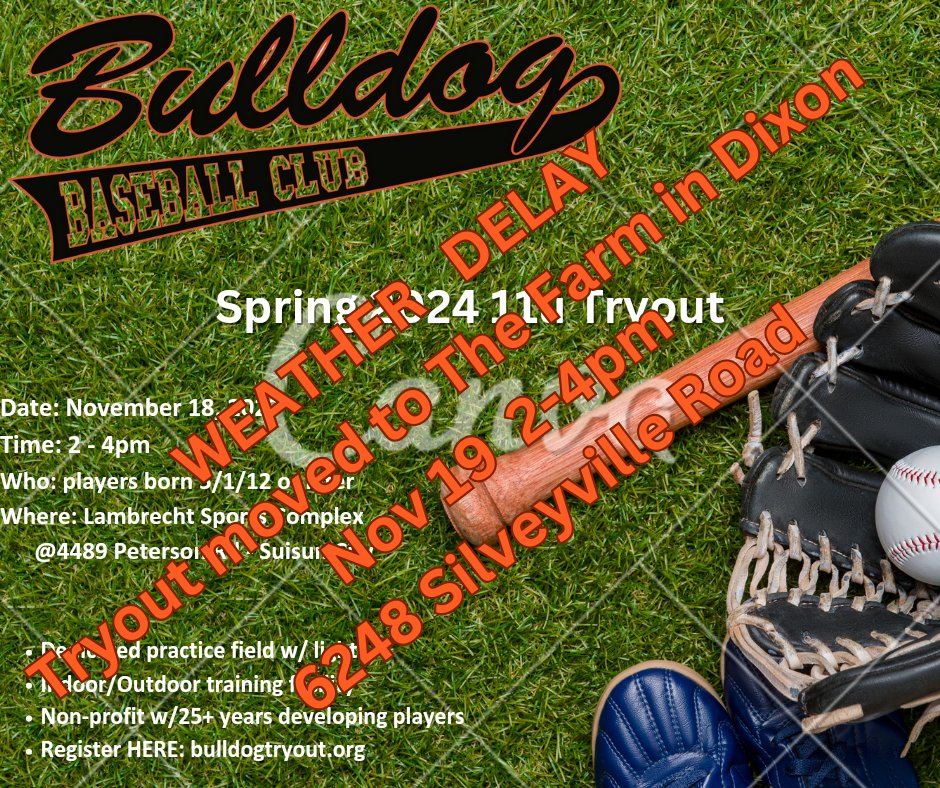BulldogBC's tweet photo. Spring 11u Baseball Tryout originally scheduled for Saturday had been delayed and moved to Sunday at The Farm. https://t.co/uLX5gsviC7
