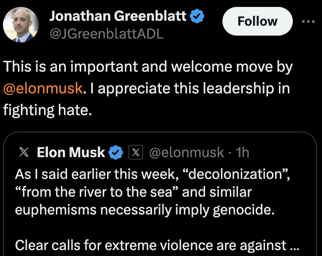 JuddLegum's tweet photo. I don't really understand what the ADL is doing here. Musk is promoting some of the most vile and dangerous anti-Semitic conspiracy theories and the next day the ADL is praising him for his "leadership in fighting hate." https://t.co/DB47mKG763