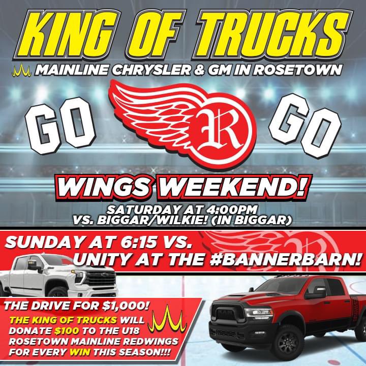 rmainline's tweet photo. BIG weekend coming up for your U18 Rosetown Mainline Redwings! $200 from the #KingOfTrucks in Rosetown up for grabs with a couple of W's! We were also happy to provide some accessories for the fellas’ buckets! #GOWINGSGO #ALWAYSWorthTheDrive https://t.co/RrMvP3M8Bc