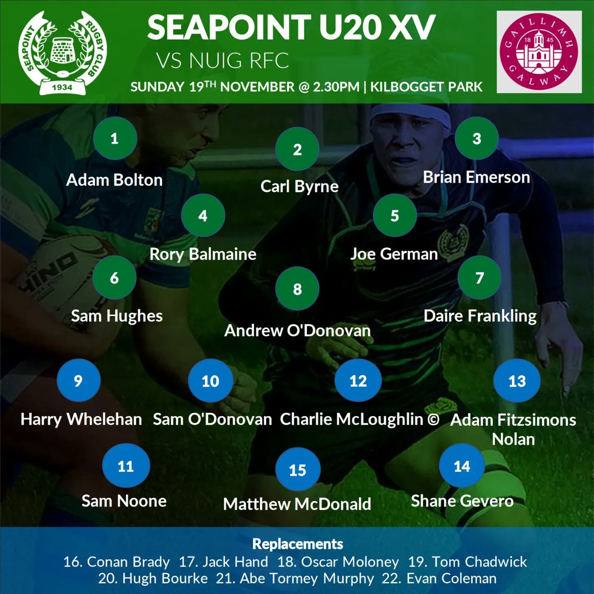 The lineups are confirmed for the weekend games!! ⚫🔵🟢 All support welcome Ours 1sts host Newcastle West in the Energia Mens AIL Junior Cup The 3rds are away to Old Belvedere in a top of the table clash To wrap up the senior weekend fixtures, on Sunday the U20s take on NUIG