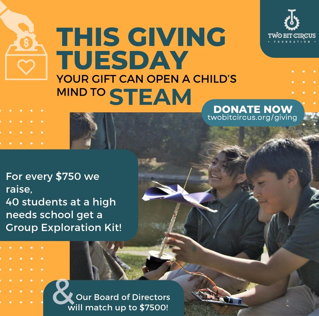 Two Bit Circus Foundation (@2bitfoundation) on Twitter photo We're getting hyped about Giving Tuesday on 11/28! Check out this year's info at the link in our bio. 🚀 instagr.am/p/CzxDPPYhoke/ We're getting hyped about Giving Tuesday on 11/28! Check out this year's info at the link in our bio. 🚀 instagr.am/p/CzxDPPYhoke/
