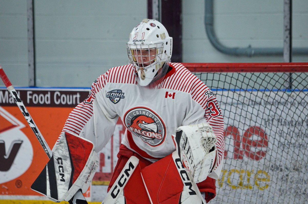 StCathFalcons's tweet photo. Just a goalie doing @GOJHL Goalie of the Month things🤭

#2GrapesAndATowel | #LetsGoFalcs https://t.co/h3wIaLhDkg
