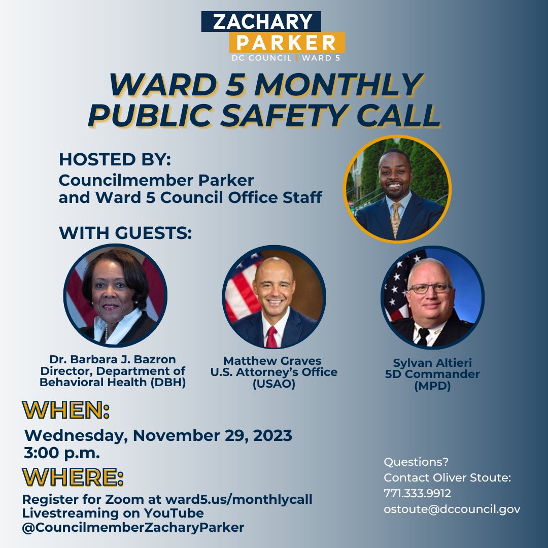 The next Ward 5 Public Safety Call will be on November 29 at 3:00 pm. I am pleased to share that my guests include <a href="/DBHRecoversDC/">DC Department of Behavioral Health</a> Dir. Bazron, <a href="/USAO_DC/">U.S. Attorney DC</a>’s US Attorney Graves, and <a href="/DCPoliceDept/">DC Police Department</a> Comm. Altieri. Join us.

📅: November 29
⏰: 3:00 pm
Register: ward5.us/monthlycall
