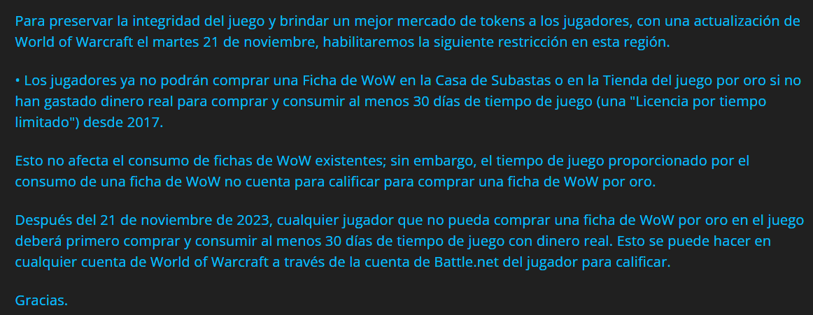 Karlanndro's tweet photo. 🚨Enloqueció Blizzard🚨
Anunciaron que los jugadores ya no podrán comprar una ficha de WoW en la casa de subastas o en la tienda del juego para obtener oro si no han gastado dinero real para comprar y consumir al menos 30 días de tiempo de juego desde 2017.
#Warcraft https://t.co/ioD9mjRQGs