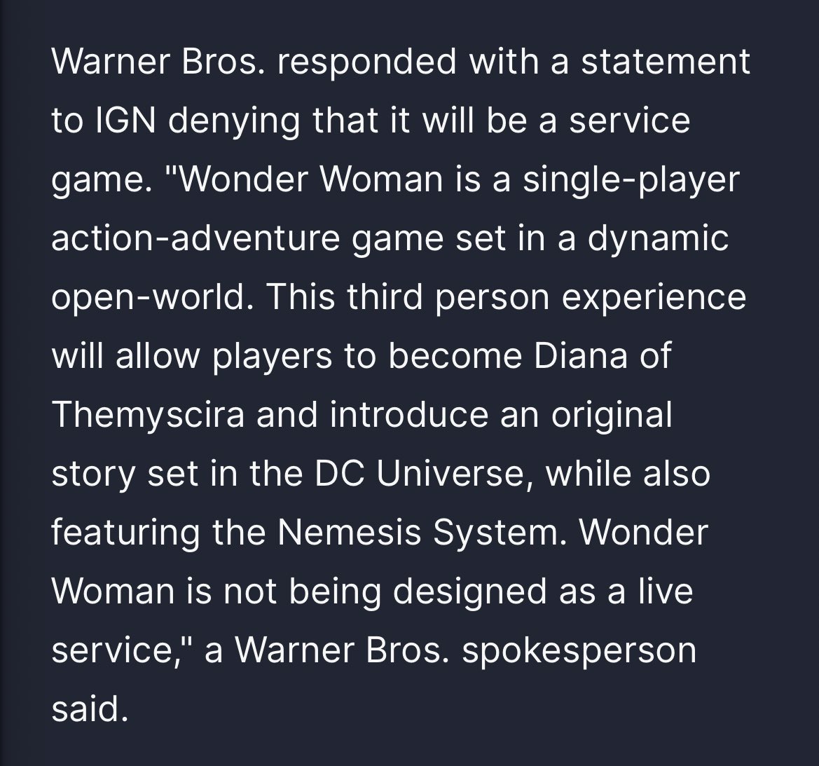 WB denies that Wonder Woman is a live-service game