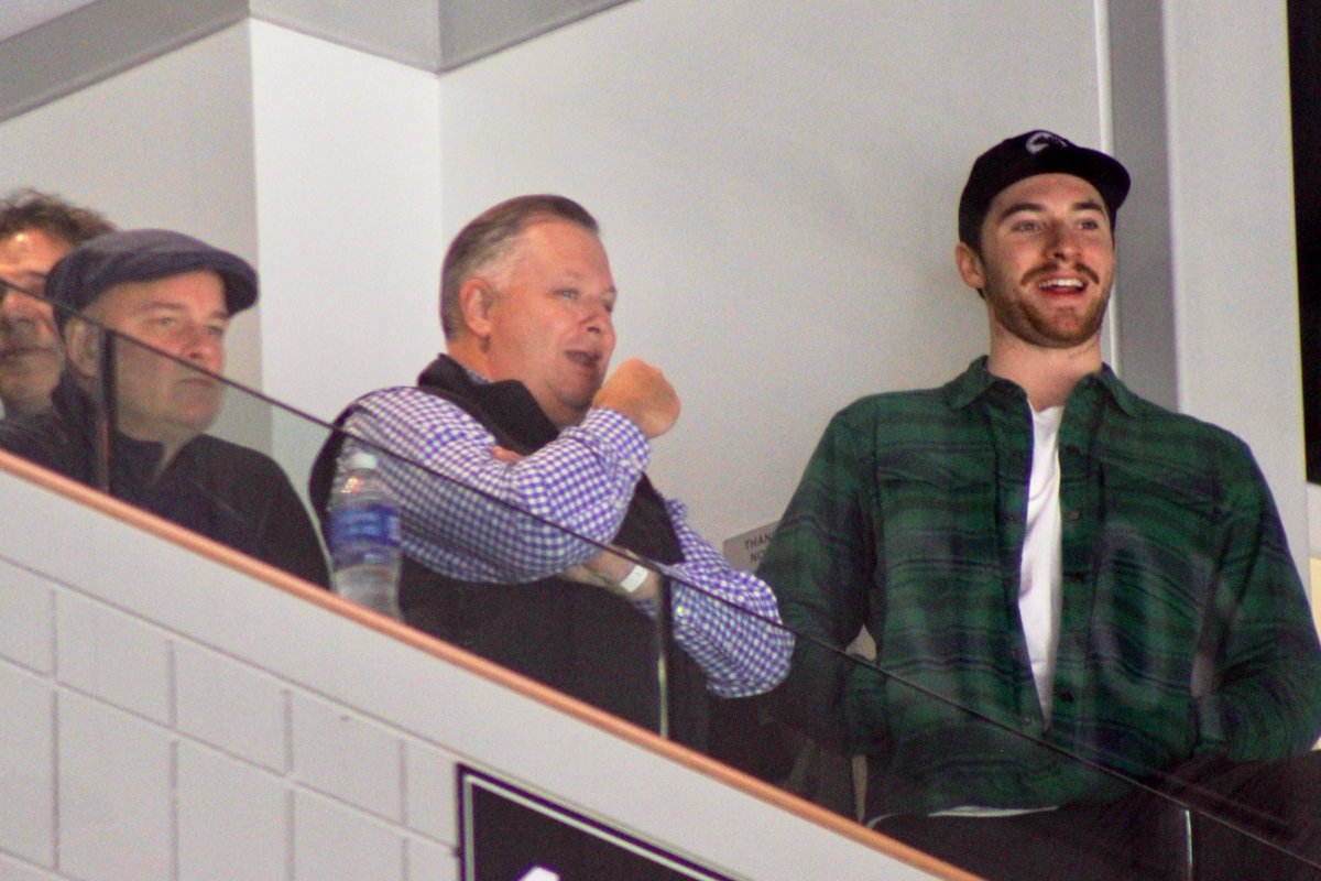 rachelhopmayer's tweet photo. #NHLBruins Jim Montgomery and Jeremy Swayman taking in Maine vs BU at Agganis Arena https://t.co/LHYSgcmmS4