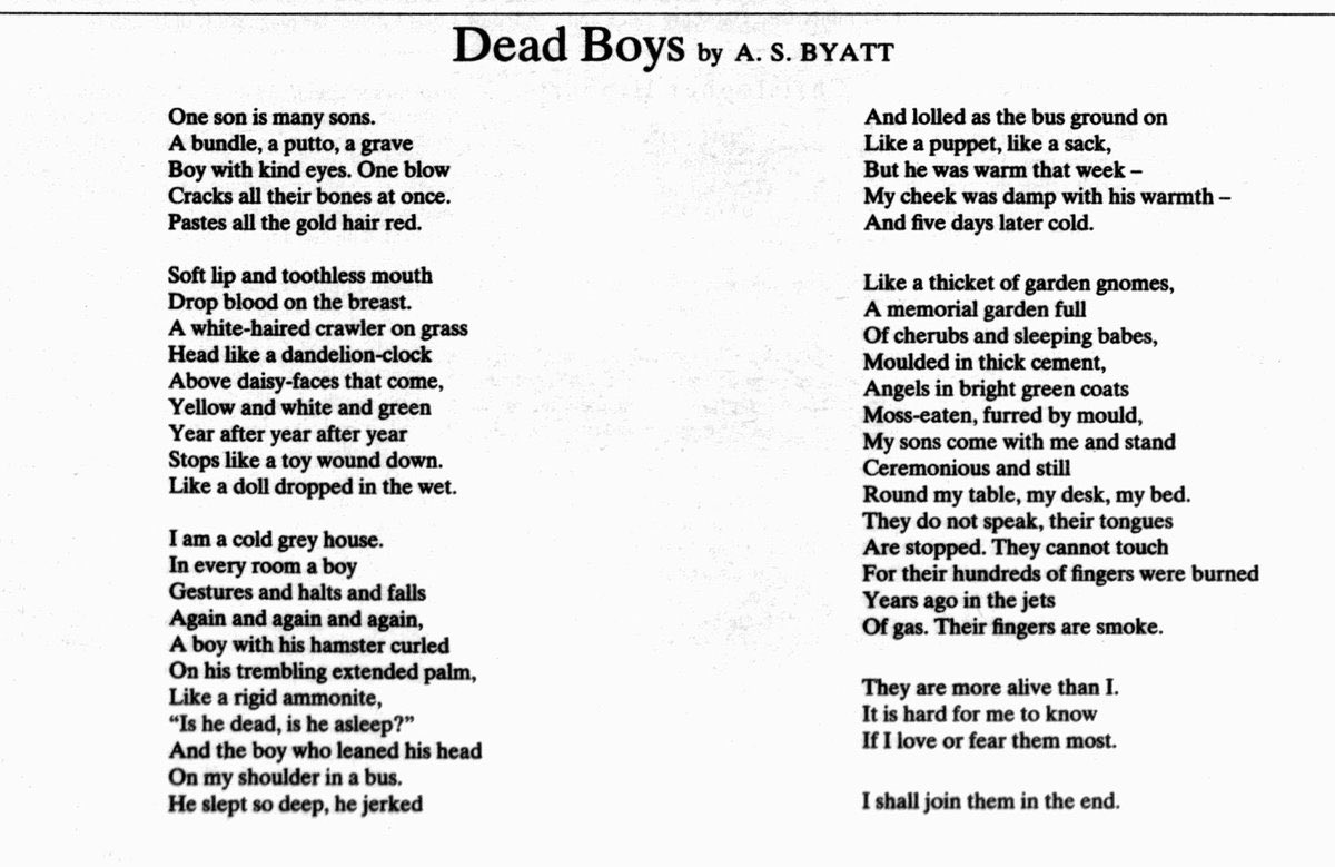 JaneSlavin's tweet photo. A.S Byatt wrote this of her son, who died when he was 11.  I can’t help but dream she is with him now. Thank you to George Berridge whose photo of the poem I have used. https://t.co/8SeqnxfSkc