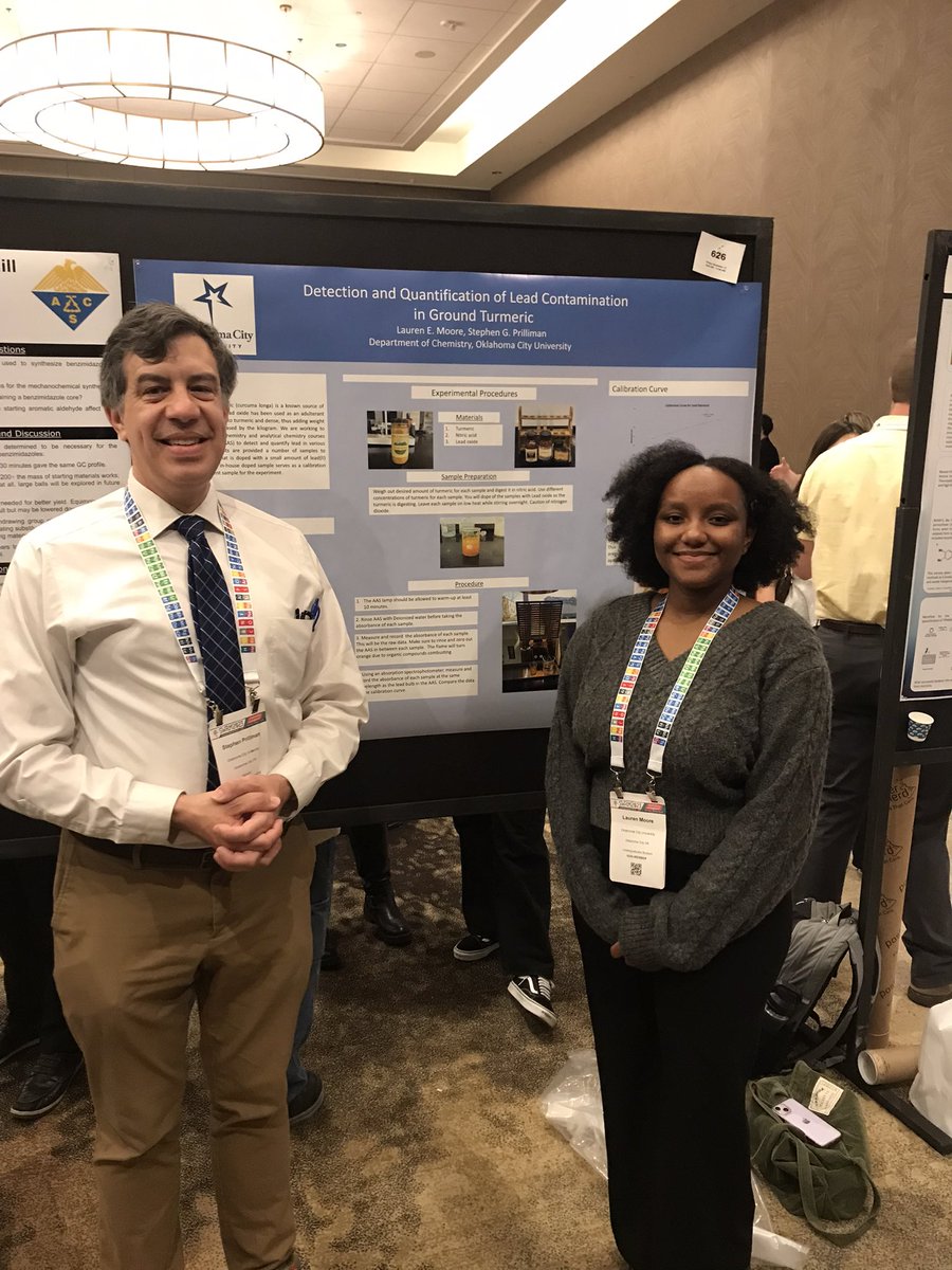 SGPrilliman's tweet photo. Super proud of two of my @okcu students, one current, one former. Senior Chemistry Major Lauren Moore presented a poster at the American Chemical Society Southwest Regional Meting today on our efforts to design a lab to test for lead in samples of cooking spices #SWRM2023 1/2 https://t.co/mCbxwuOeJQ