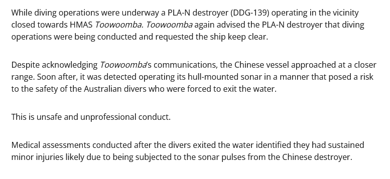 As if close-in maneuvers, vessel ramming, lasing and water cannon aren't enough, now beaming active sonar when divers are in the vicinity is a new gray zone technique by PRC maritime forces. minister.defence.gov.au/media-releases…