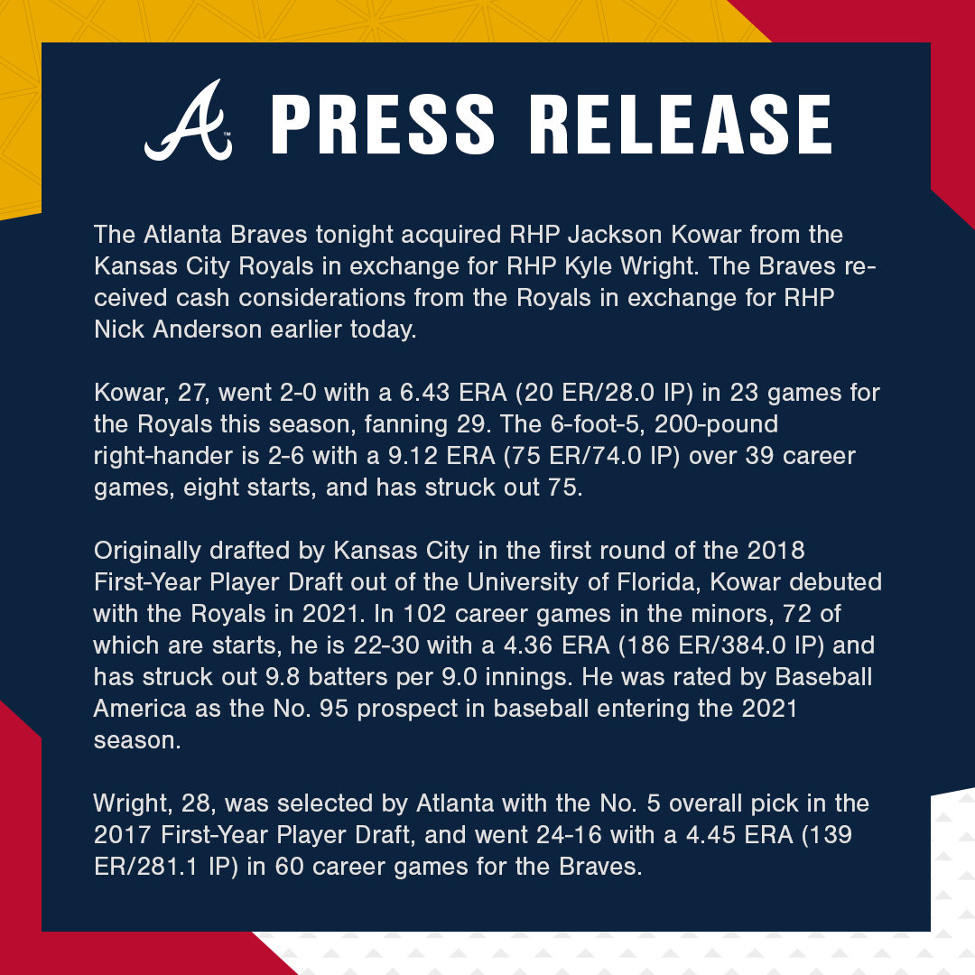 Braves's tweet photo. The Atlanta #Braves tonight acquired RHP Jackson Kowar from the Kansas City Royals in exchange for RHP Kyle Wright: https://t.co/TcyaC7Epl9