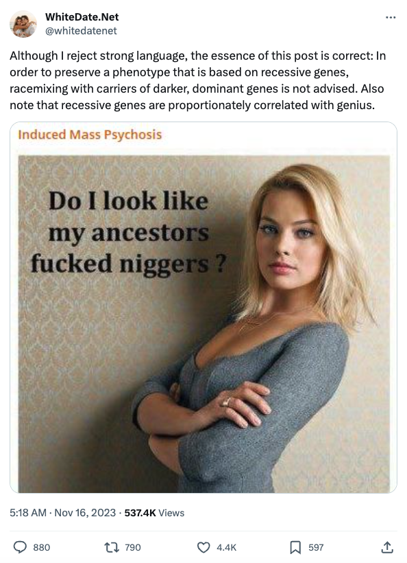 MattBinder's tweet photo. you can't share pro-Palestinian sentiment or say that someone is "cis" on Elon Musk's X / Twitter 

but apparently this post from a white nationalist dating website is apparently okay https://t.co/L02iustfc7