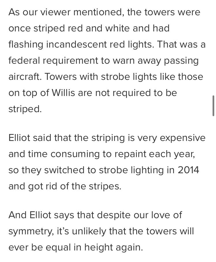 adame233's tweet photo. @north0fnorth This article says FAA requires towers that use Red Lights to also paint them with alternating Red/White stripes. Willis switched to white strobes in 2014 to save on painting 

https://t.co/vv9PmbFSOx https://t.co/tK1VdaU6sw