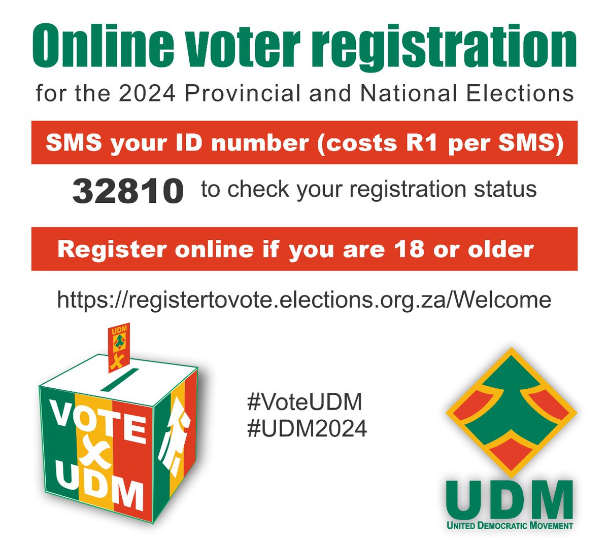 Dear Vibrant South Africans, let's all go and register to VOTE! Voting is your right to choose a government of your choice. Remember, by not making a choice, you've made a choice not to have a choice. Weekend enkulu le and we need to change things for the better. #VOTEUDM