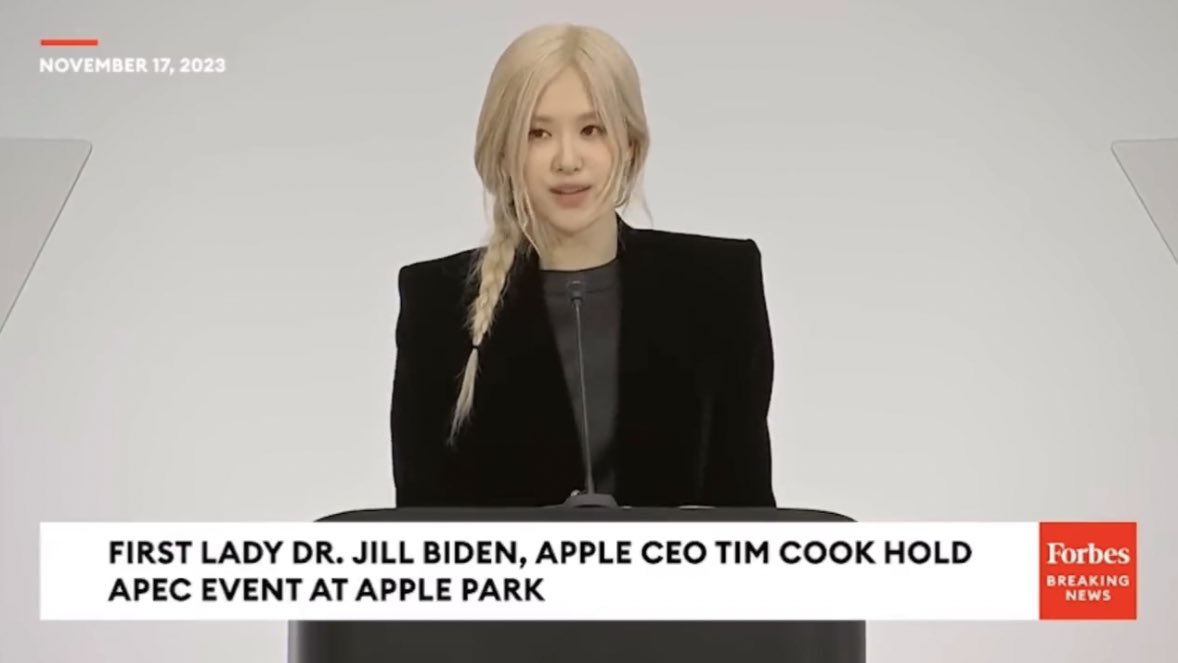 PopBase's tweet photo. First Lady Jill Biden introducing BLACKPINK’s Rosé at the Asia Pacific Economic Leaders Week:

“It’s an honor to introduce a young woman of incredible talent and courage, a global superstar who is using her platform as a force for good in the world.” https://t.co/OtieBXGFsX
