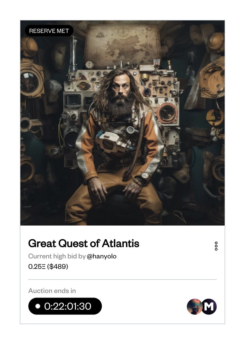 AUCTION LIVE!
'Great Quest of Atlantis' on @SuperRare 💎 just got a bid from @Han_yolo1 while he was navigating the Millennium Falcon at 12 parsecs! I'm absolutely thrilled that my art and stories resonate with you. It means the world to me 🤍

#StrangeHistory #AlternateRealities