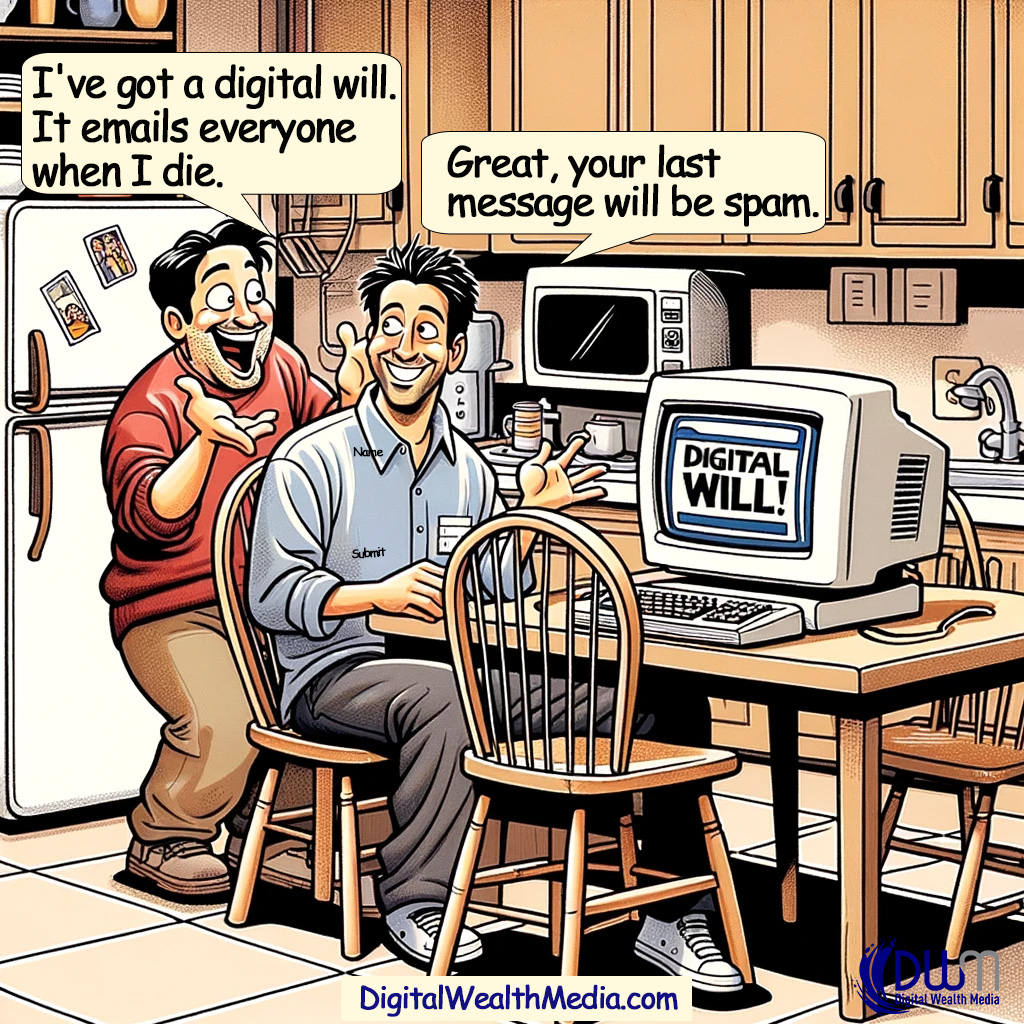 DWM_Wills's tweet photo. Explore the quirks of modern estate planning.  While our characters jest about digital legacies, the importance of a  well-planned will is no joke. Power up your estate planning with us - no spam, just smart planning. #Humor  #EstatePlanning #Jokes #DigitalWill #comics #FamilyFun https://t.co/4Aeu4tpVlG