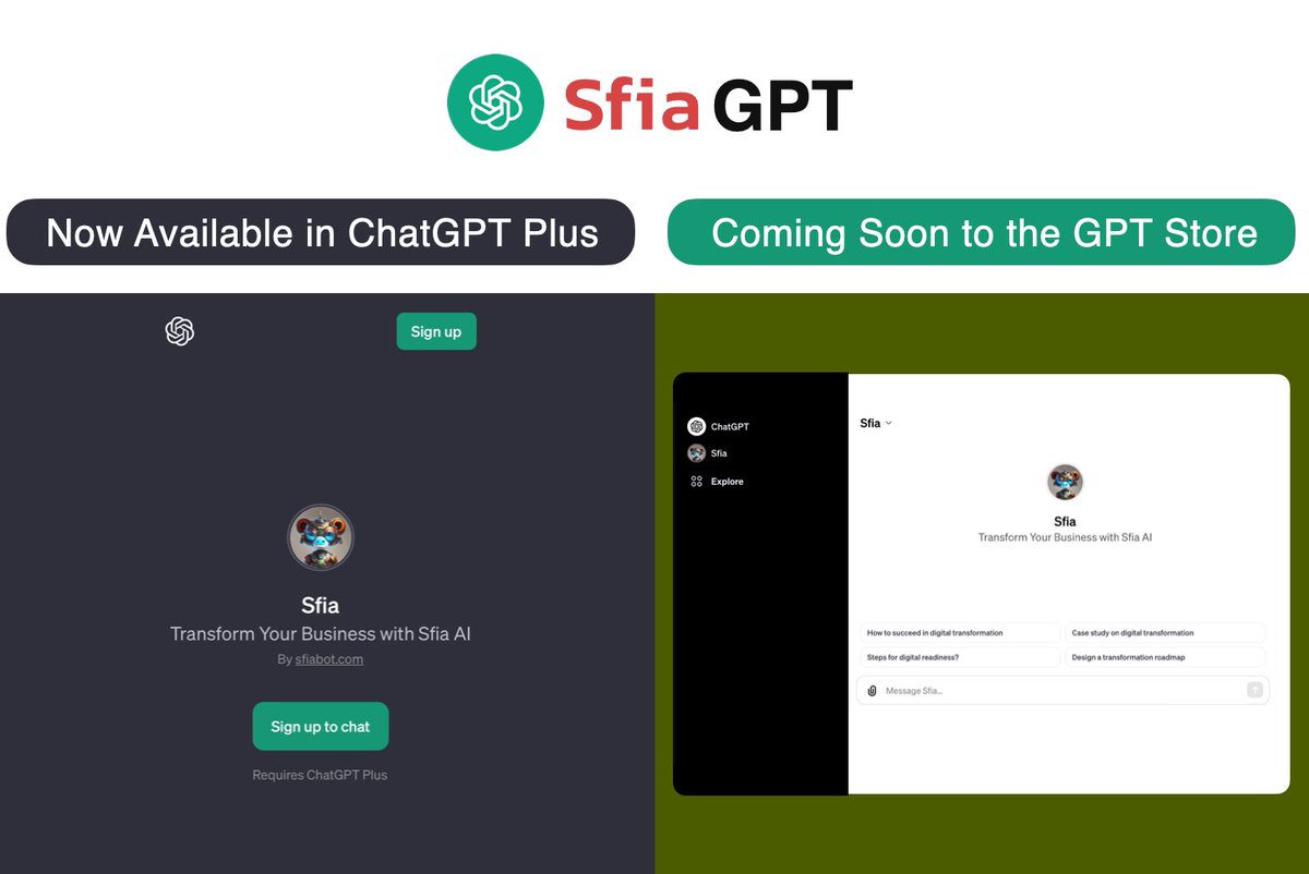 SfiaGPT is now available in ChatGPT Plus 👉 chat.openai.com/g/g-XYJrZhxvb-… 

🤖 SfiaGPT will be available in the GPT Store Soon.

Transform Your Business with Sfia A.I.
🚀 sfiabot.com

#sfia #ai #bootbot #chatbot #aitransformation #dx #dtx #digitaltransformation