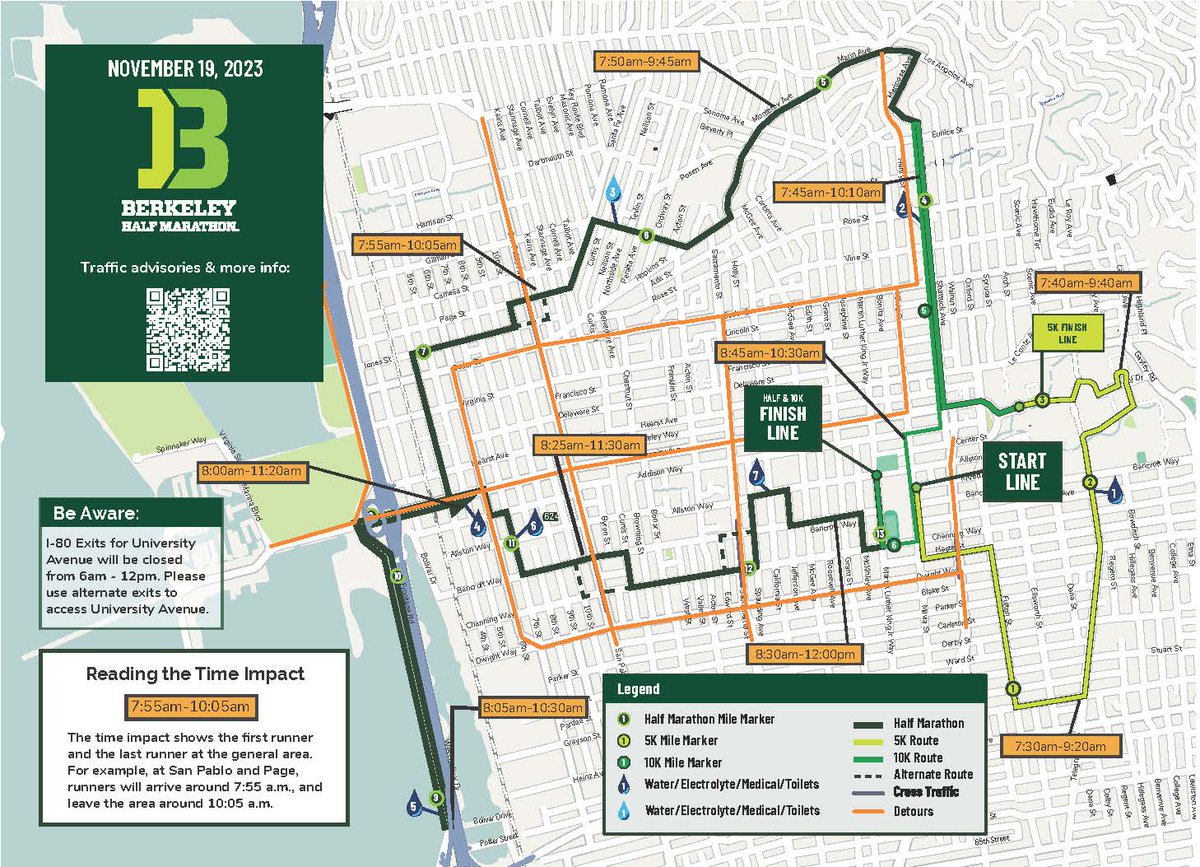 CityofBerkeley's tweet photo. Heading to 🎉 cheer on your favorite @berkeleyhalf runner this weekend? Prepare for closures, detours, &amp; parking restrictions: https://t.co/sj00Q5dwCy

🗺️ See course map: https://t.co/Cmud9mbWjz

🛑 View closure schedule: https://t.co/0ahx4LJNhS https://t.co/WlxvjzHw32