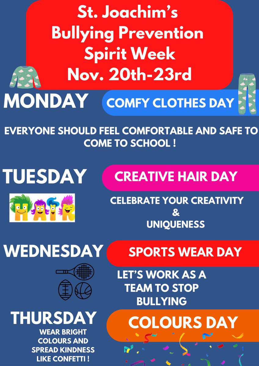 mrsGRusso's tweet photo. Next week is Bullying Prevention week! St. Joachim is ready to promote safe schools and a positive learning environment. We will be hosting a spirit week! Check it out…
@StJoachimDPCDSB
#bullyingawareness #DPStandUp https://t.co/K6ZQu6uDjJ