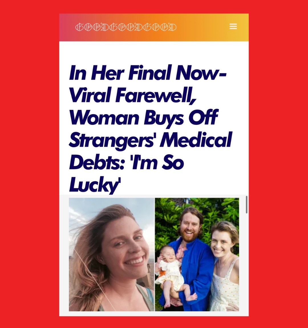 In her own words, she declared, 'To celebrate my life, I've arranged to purchase & erase others' medical debt.' And you can still support her goal, which has already become one of the most successful individual campaigns in our history. To donate: ripmedicaldebt.org/campaign/andre…