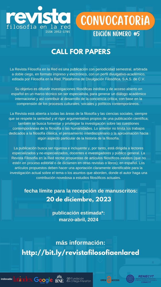 filosofiaenred's tweet photo. Convocatoria para la edición número 5 de la Revista Filosofía en la Red.

Publicación académico-divulgativa, indexada, ISSN, revisada a doble ciego. 

🗓️ 20 de diciembre, 2023

ℹ️ https://t.co/3pOqF1b5GU https://t.co/aVeva0ZnQz