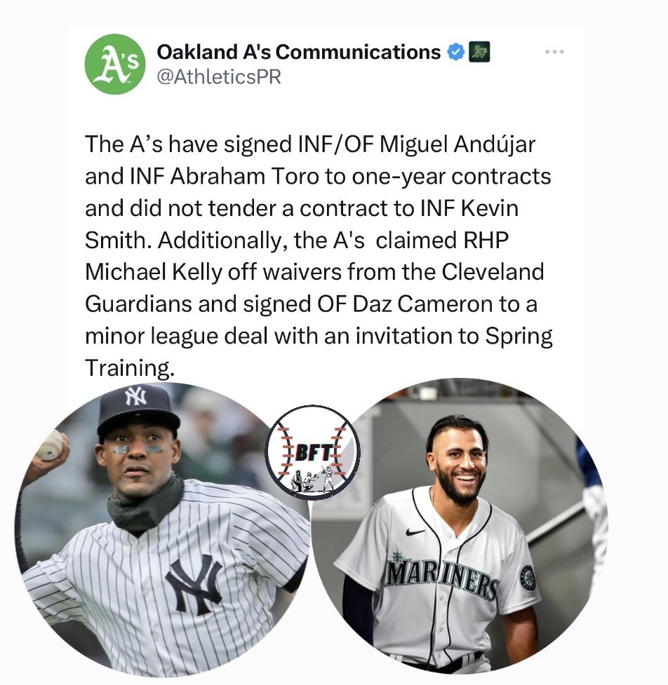 Baseball For Today ⚾️ on X: "#Athletics de Oakland firman por contrato de un año a Miguel Andújar y Abraham Toro. Vía @AthleticsPR @hgomez27 @BandaAzulTL @TigresdelLicey #LIDOM https://t.co/y6neA2KoW2" / X