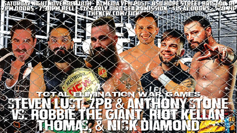 the_NCW's tweet photo. In our STEEL CAGE WAR GAMES Main Event @GiantRAA @VivaLaRIOT &amp; #NickDiamond battle @Steven_Lust @ZPBwrestles &amp; @_HardcoreJesus (the hired gun of @BDallasMcCarthy!)

#NCW #wrestling #upcomingevents #NCW2023 #BristolRI #TotalElimination https://t.co/WCMel36mBc