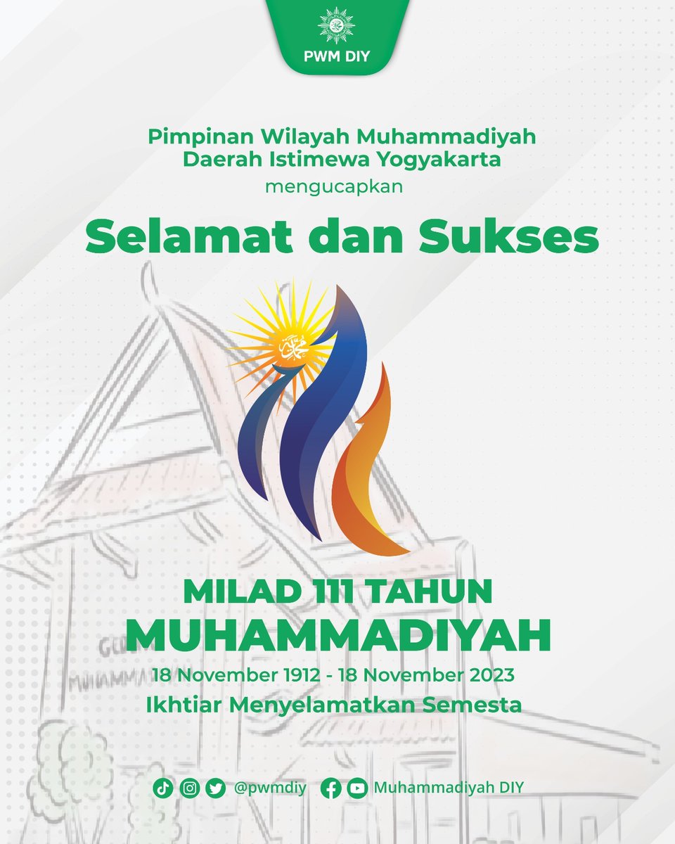 pwmdiy's tweet photo. Selamat dan sukses milad ke-111 Muhammadiyah "Ikhtiar Menyelamatkan Semesta"

18 November 1912 - 18 November 2023
______________________
IG : pwmdiy
Twitter: pwmdiy
Tiktok : pwmdiy
Youtube : Muhammadiyah DIY

#Muhammadiyah
#milad111muhammadiyah 
#MuhammadiyahDIY https://t.co/bB9OICmj49