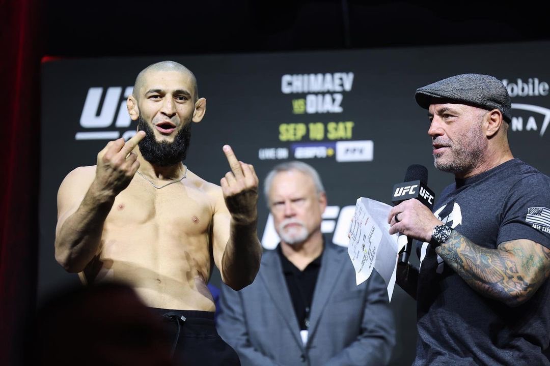 Joe Rogan and Khamzat Chimaev onstage at UFC 279 last September. 

Chimaev was supposed to fight Nate Diaz but ended up fighting Kevin Holland in a bizarre switch and Nate fought Tony Ferguson. #UFC279