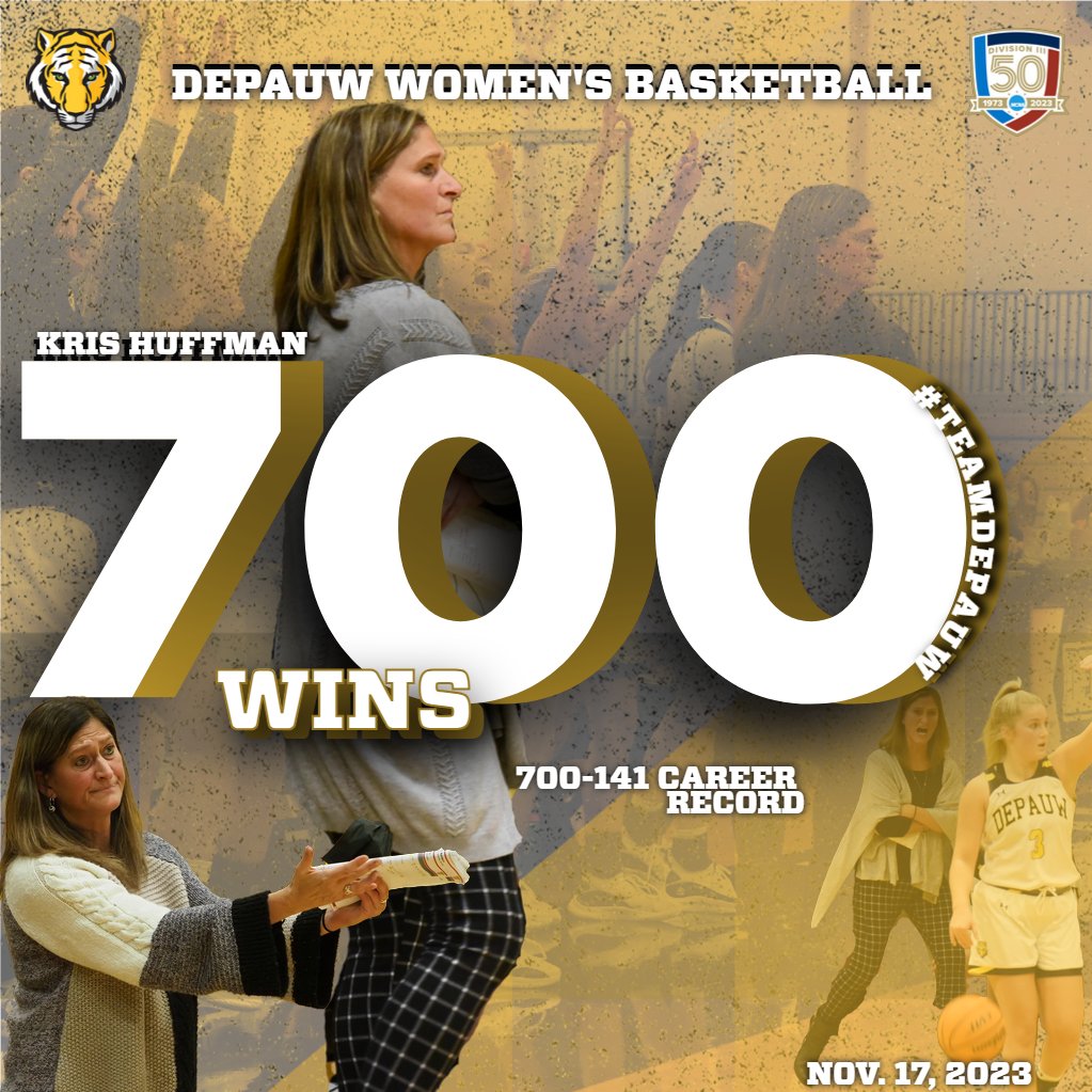 With tonight's win over Calvin, Head <a href="/DePauw_WBB/">DePauw Women’s Basketball</a> coach Kris Huffman earns her 700th career win. 
The Tigers face the winner of tonight's match-up between Millikin and Otterbein tomorrow at 6 p.m.
#TeamDePauw #d3hoops #TigerPride
