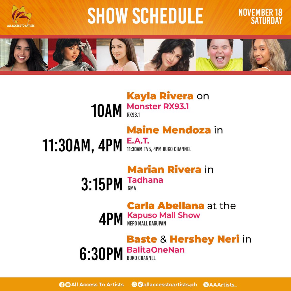 Catch your fave AAA stars today! ✨️

@mskaylarivera on @RX931
@mainedcm in #EAT
#MarianRivera in #Tadhana
#CarlaAbellana at the #KapusoMallShow
#Baste and @heyhersheyy in #BalitaOneNan

#AllAccessToArtists #fAAAmily