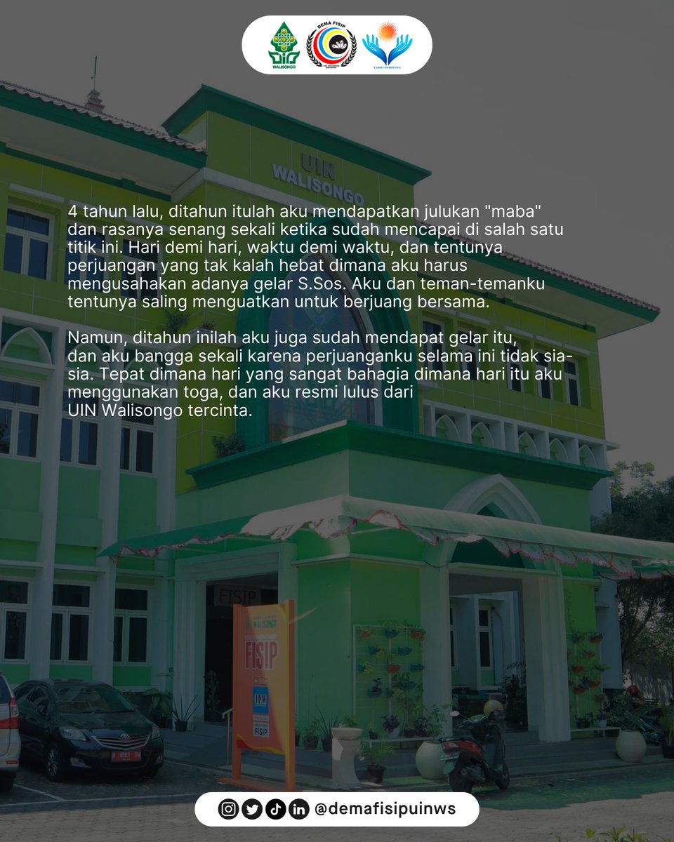 demafisipuinws's tweet photo. [TIBA-TIBA LULUS!]

Haloo fisiperss!👋🏻

Seberapa banyak kita melangkah, maka langkah itulah yang akan menjadi tolak ukur perjuangan. Perjuangan dalam meraih mimpi, perjuangan dalam meraih gelar. Dalam kehidupan juga terdapat angan serta harapan yang selalu kita selipkan dalam doa https://t.co/AN4EK6E6SJ