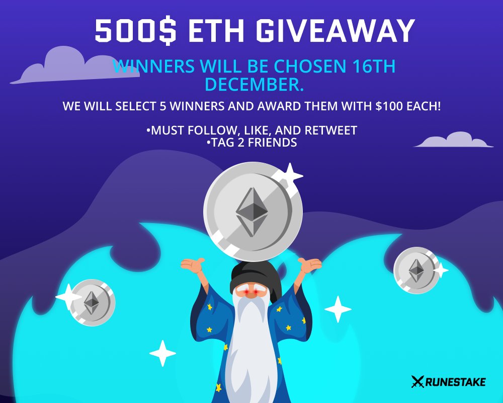 runestake's tweet photo. $500 #giveaway paid in #ETH 
We will select 5 winners and award them with $100 each!
📃Rules:
1️⃣Must follow, like, and retweet
2️⃣Tag 2 Friends

Winners will be chosen on 16th December 
#crypto #competition #runescape #runestake #eth #erc20 https://t.co/5iBxQC7Rld