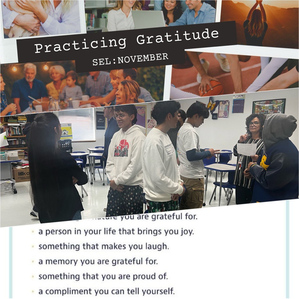 mssotocounselor's tweet photo. SEL lesson for November: Practicing Gratitudeโฅ๏ธ
Today students had the opportunity to shared with their classmates and teachers about positive people/things they have in their lives and are grateful for. ๐๐๐
#MentalHealthMatters #SEHSthebest #eagleSOAR @SanElizarioHS https://t.co/ysfatAxrEt