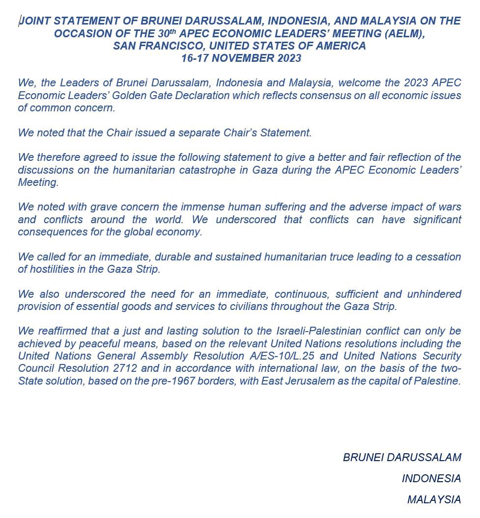 Brunei, Indonesia and Malaysia issue own statement in APEC, call for immediate ceasefire in Gaza #BernamaNews #APEC2023 bernama.com/en/news.php?id…