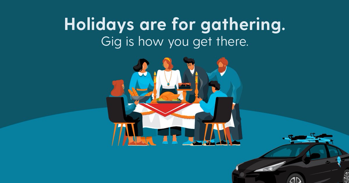 Here, there, everywhere: take GIG Car Share to all your holiday gatherings.

Holidays gatherings wonderfully weave together great food 🍗, laughs 🤣, and love ❤️ of those you care about. Don't let a lack of wheels make you miss those moments. Gig will get you there!