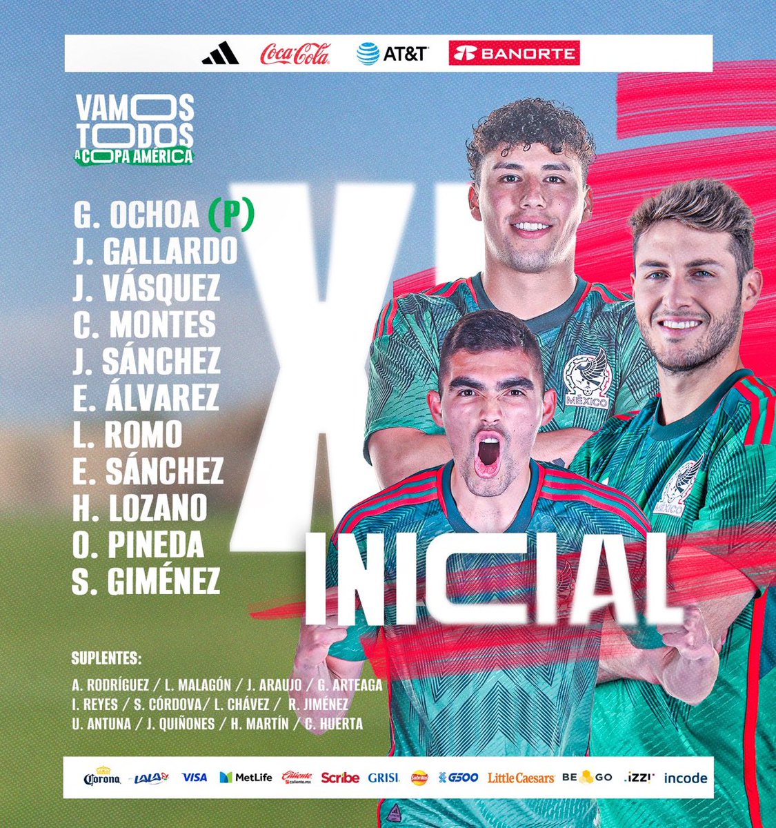 🔥🇲🇽 Tenemos la alineación 🆚 Honduras con la que buscaremos dar el primer paso para la clasificación a la Copa América. 

#VamosTodos a darlo, @Banorte_mx ⚽️👊🏻

#MiSelecciónBanorte