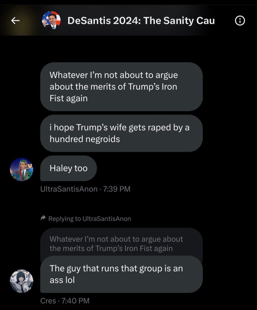 Badhombre's tweet photo. Here is a screenshot leaked from a Team DeSantis group chat where members wish for Melania Trump and Nikki Haley to be gangraped by “N**groids”.

These are the people who lecture you about Christian morals. https://t.co/6DAMTAWs9Y