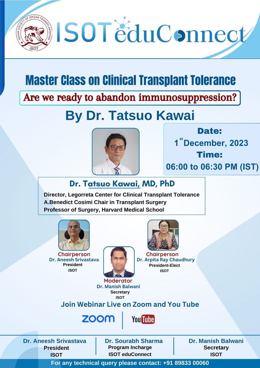 Join the first edition of #ISOT EduConnect 
🔥A Master Class on Clinical Transplant Tolerance 🔥
Learn from the legends

Link to join in - 
us06web.zoom.us/j/81352922691?…