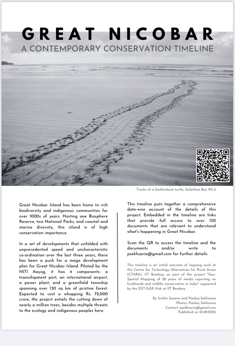 We’ve put together this comprehensive timeline of over 130 dates and complete  documents that tells you the full story of the mega infra project in Great Nicobar Island. Scan the QR, write to me at psekhsaria@gmail.com or access from: tinyurl.com/bddjxwsk