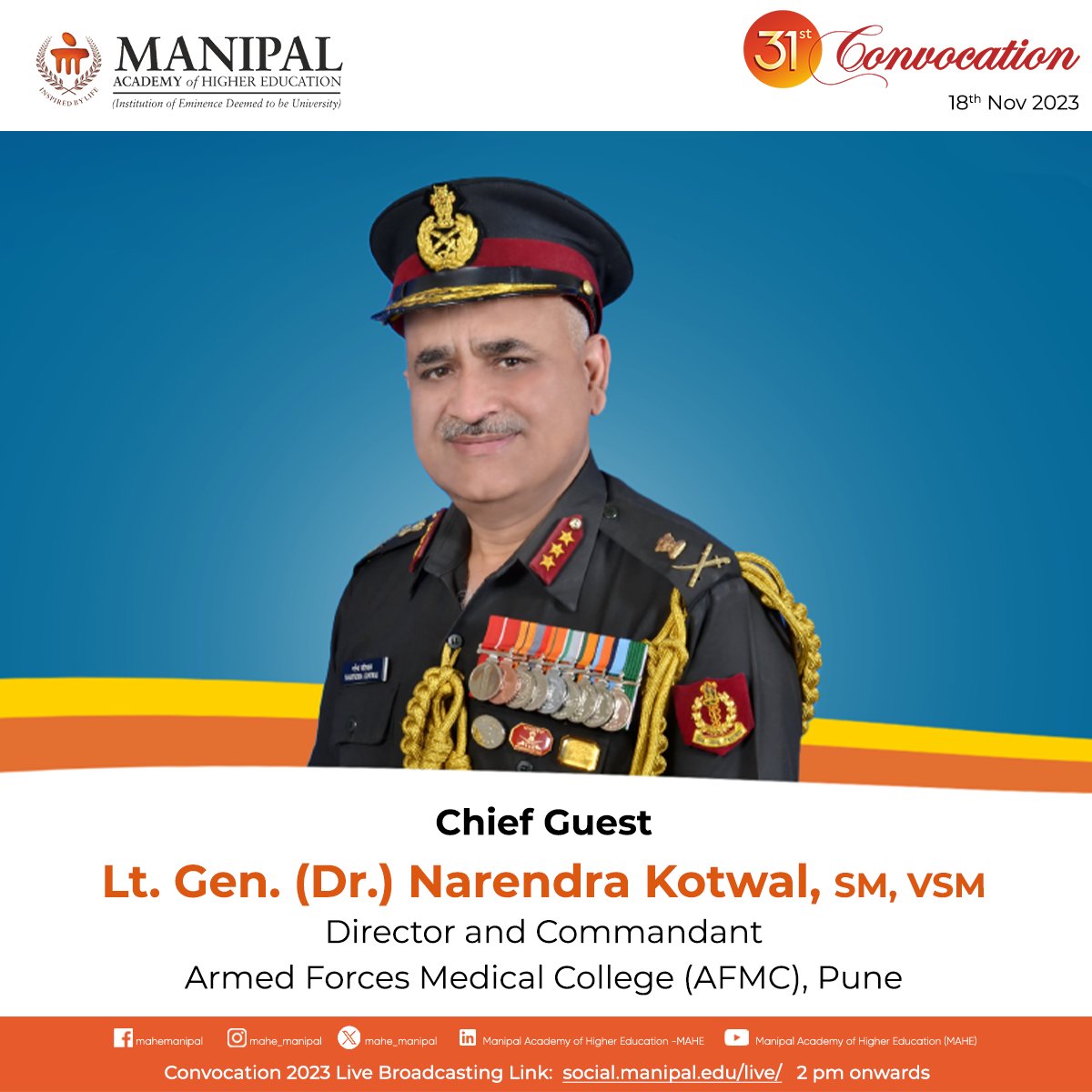 MCHP_MAHE's tweet photo. We are delighted to invite you to our 31st Convocation, where we will be honouring the accomplishments of our graduating students and welcoming four esteemed Convocation Chief Guests.
#MAHEConvocation2023 #MAHEGraduation #ChiefGuests #InspiringLeaders #MAHE #MAHEManipal #Manipal https://t.co/P2udLpZP6N