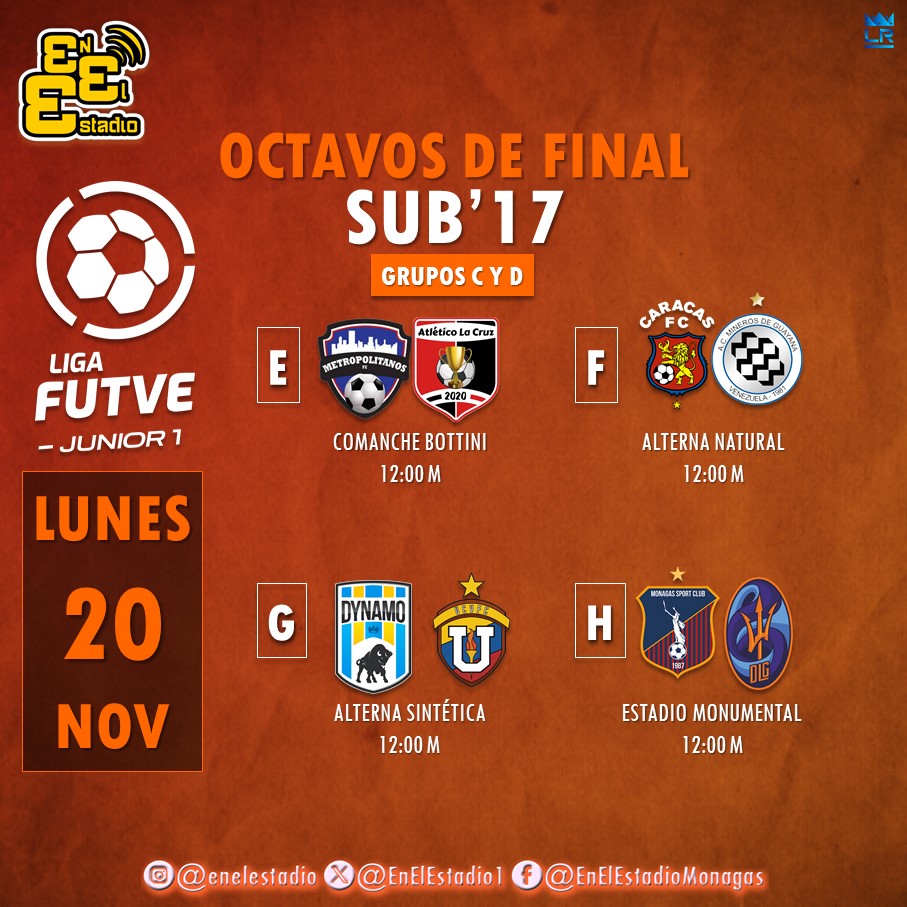 EnElEstadio1's tweet photo. ¡MATURÍN CIUDAD SEDE! 📍

Desde este lunes #20nov se jugará en 4 sedes de #Maturín la Fase Final de @ligafutvejunior 

8vos de Final

🏟 Estadio Alexander 'Comanche' Bottini 
🏟 Alterna Natural Monumental
🏟 Alterna Sintética Monumental
🏟 Estadio Monumental 

#ElFuturoDelFUTVE https://t.co/3Qe9QzyjMZ