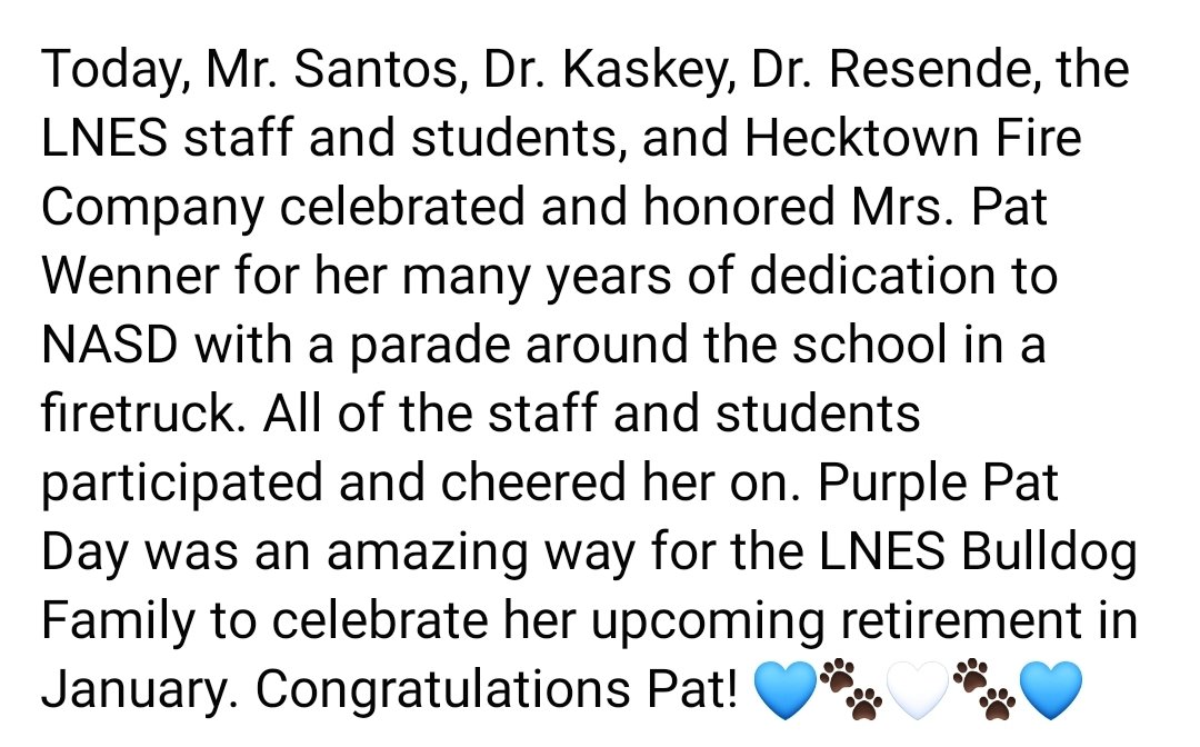 LnesPta's tweet photo. Purple Pat Day to celebrate Mrs. Wenner. @LNESPrincipal @icr205 @NASDBlueEagles https://t.co/14H6LE5NB6