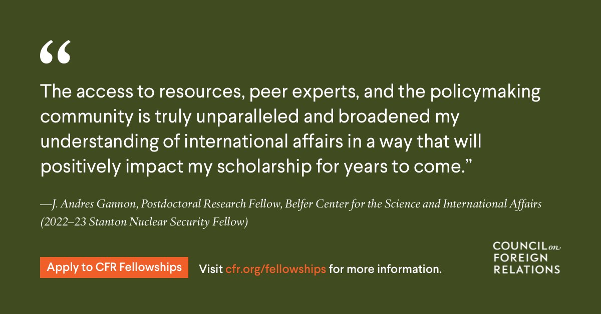 CFR_org's tweet photo. 📣 Are you interested in studying nuclear security issues? 

Our Stanton Nuclear Security Fellowship gives you the opportunity to spend 12 months at CFR’s offices in NYC or Washington, DC, conducting policy-relevant research. 

Apply by 12/1 ➡️ https://t.co/PFSldczWWP https://t.co/sqNFGgfp8L