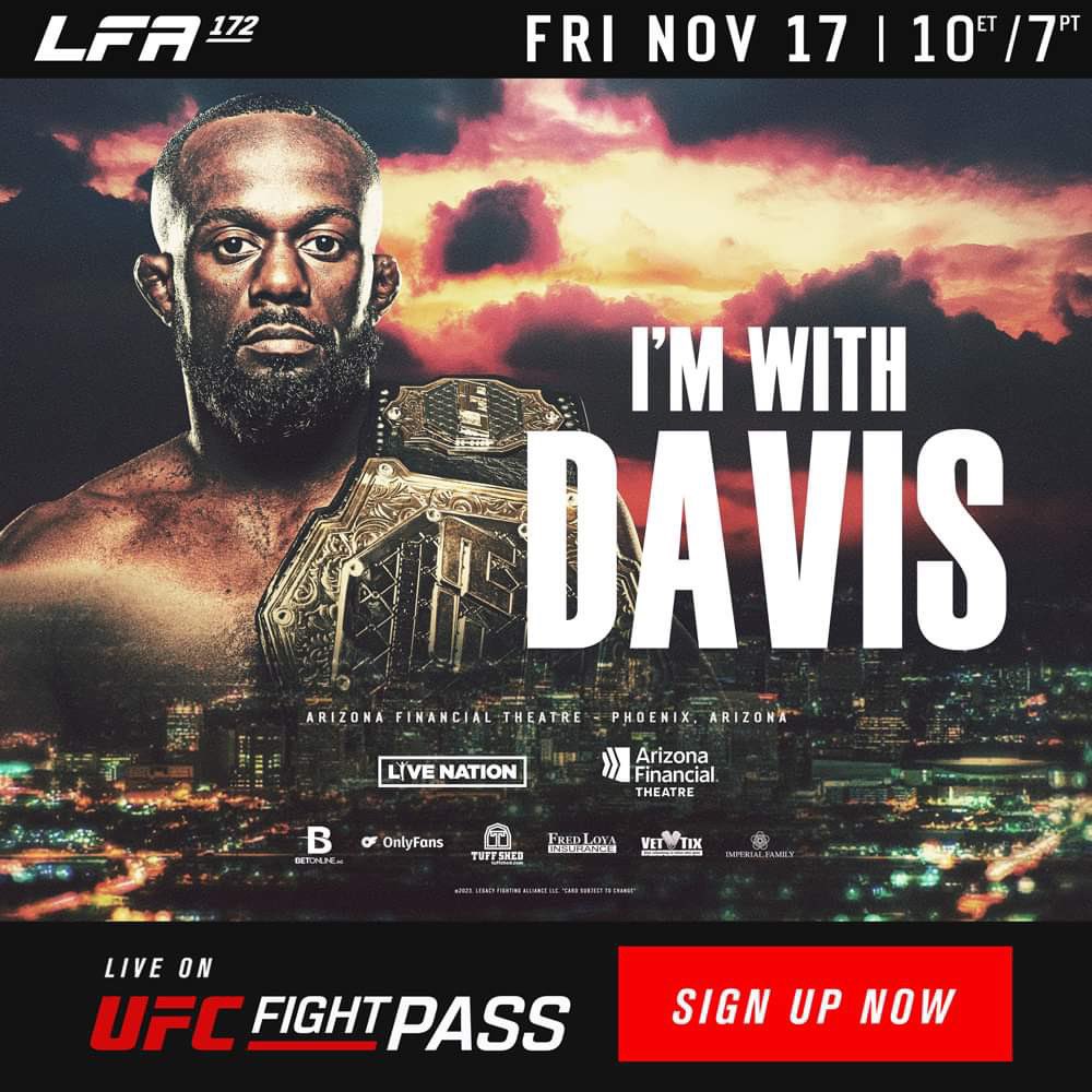LFAfighting's tweet photo. #ReTweet if you're with @BIGASSCODY1994 to defend his LFA Flyweight World Title in the Main Event of #LFA172! 🇺🇸

#TeamDavis

@BetOnline_AG
@OnlyFans
@TuffShed
@FredLoyaIns
@TeamSmartStop
@SheathUnderwear
@VetTix
@AZFinancialThtr
@UFCFightPass https://t.co/mIyCz9urOR