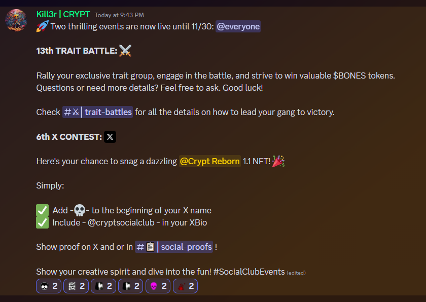 cryptsocialclub's tweet photo. โฐ New #SocialClubEvents are live until 11/30 โฐ
๐ 13th #TraitBattle โ๏ธ
๐ 6th #X Contest ๐
Let's witness the community's creative spirit in action! ๐ซ๐ค https://t.co/575B7Y5324